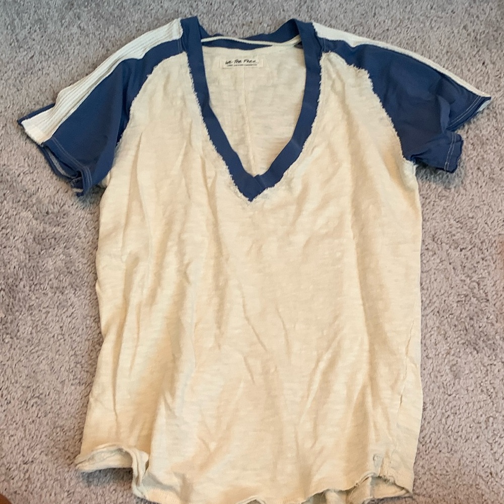 Free People Blue and Cream Short Sleeve Tee